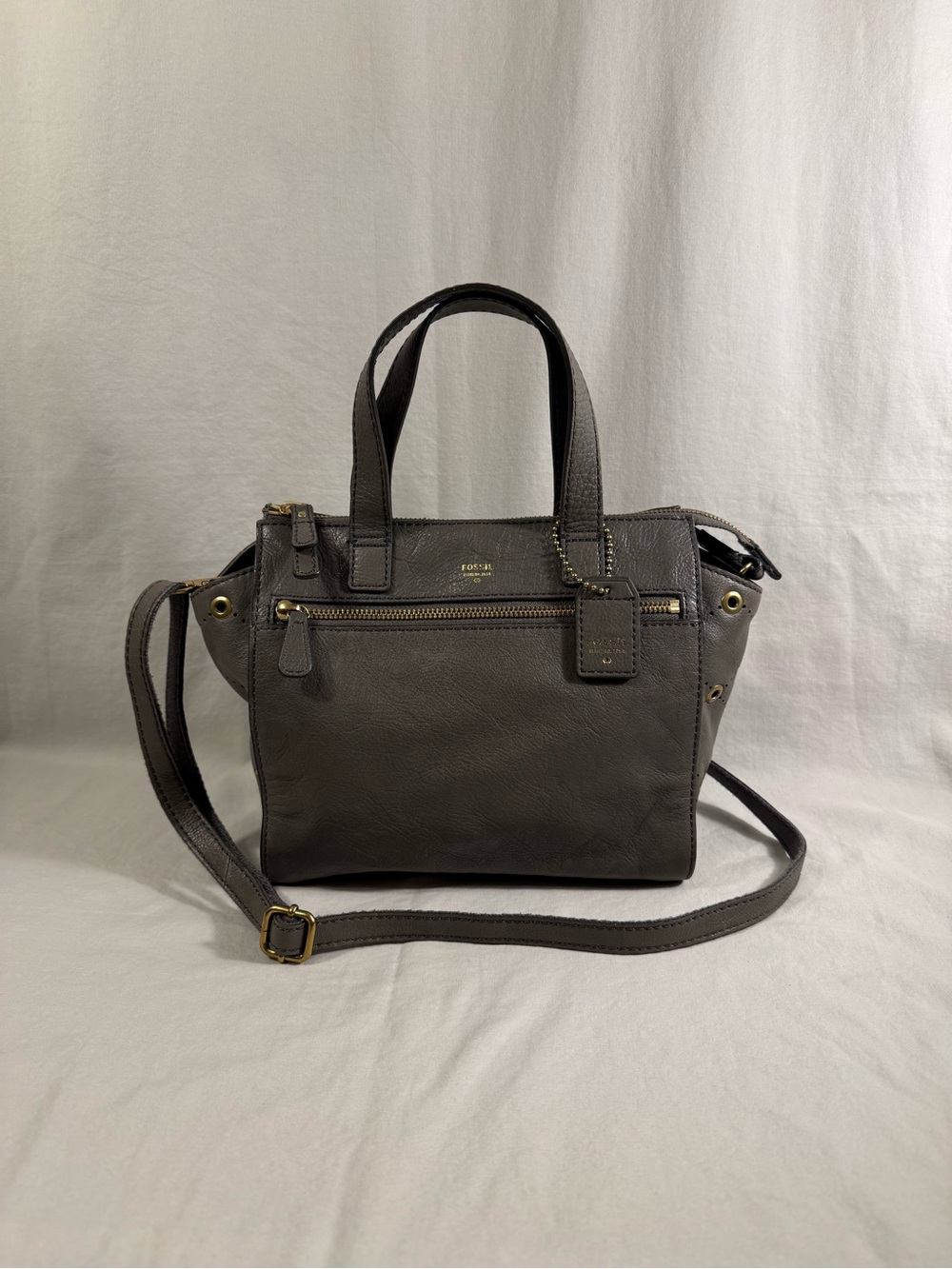 Fossil Dark Green-Grey Leather Crossbody Tote with Gold Hardware
